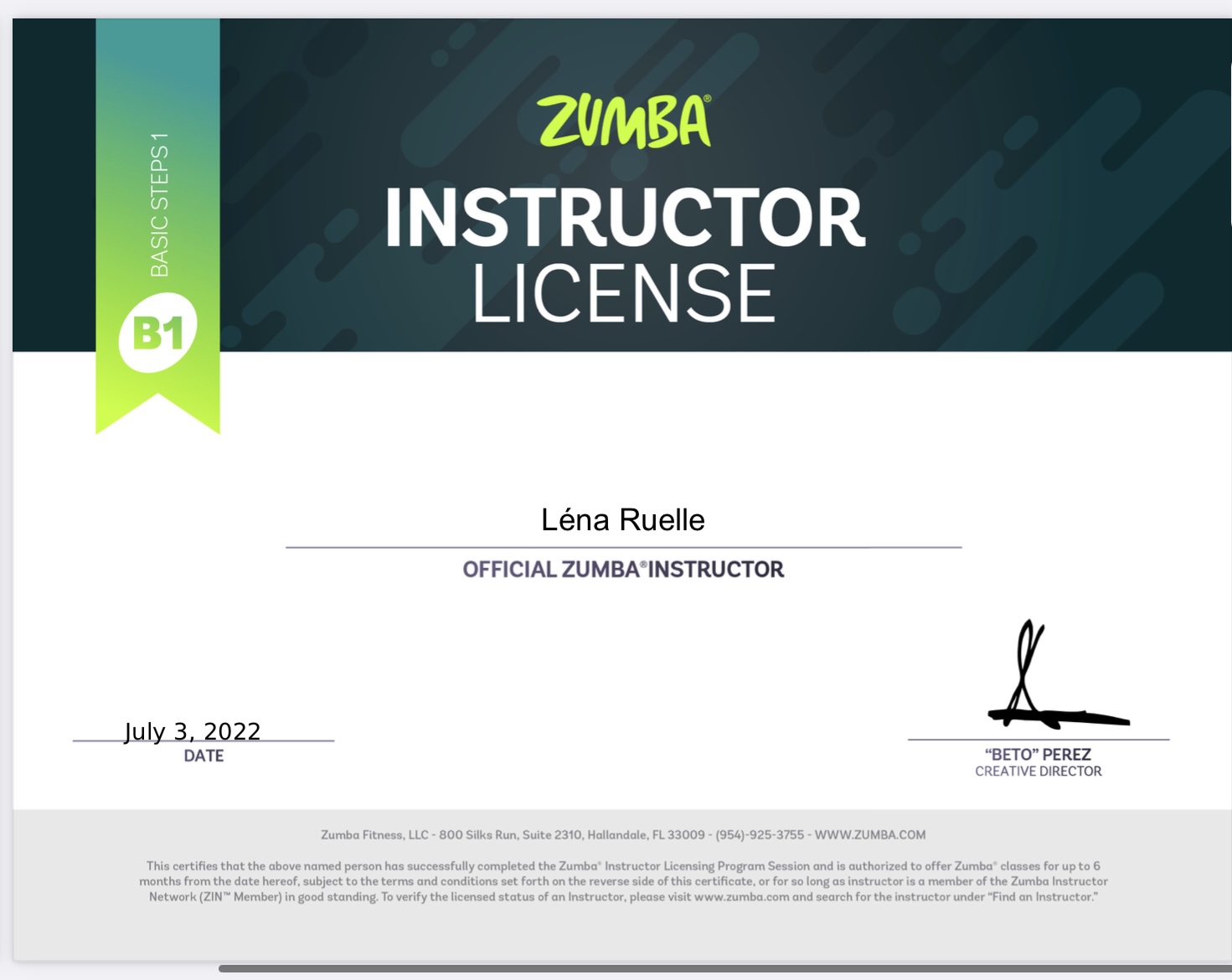 Licence Instructeur Zumba B1